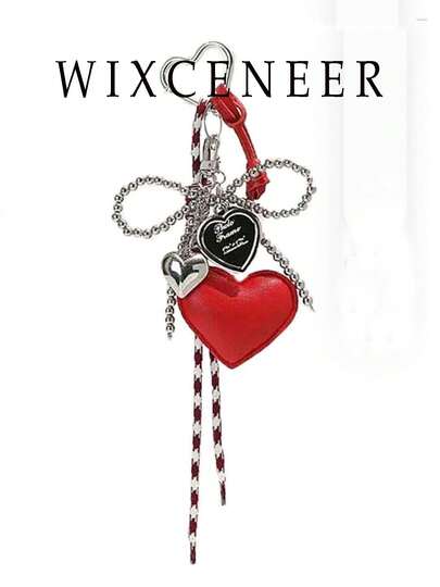 Minimalist & Fashionable, Cute Heart-ShapedBag Charm, Silver Beaded Bow Decor,High Cost-Effective Bag Accessory, NicheHeart-Shaped Keychain, Sweet & Chic StyleDecoration, Suitable For Daily Matching Or AsBag Charm/Keychain Gift, Retro Red