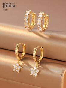 Hihho 2 Pairs Luxury Fashion Versatile Zirconia Flower Earrings Set, Elegant Sophisticated Jewelry Earrings Suitable For Daily, Work, Commute, Holidays, Travel - Earrings Set - View 9