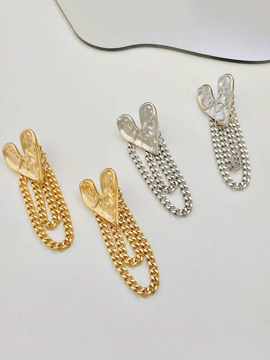 一对复古时尚简约心形锤纹链条流苏耳环，适合女性日常、派对、四季佩戴 - 彩色 - 查看 1