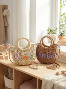 Customized Straw Beach Bag, Bridesmaid Beach Bag, Customized Gift Tote, Customized Straw Handbag, Wedding Party Gift, Flower Girl Basket - Multicolor - View 3