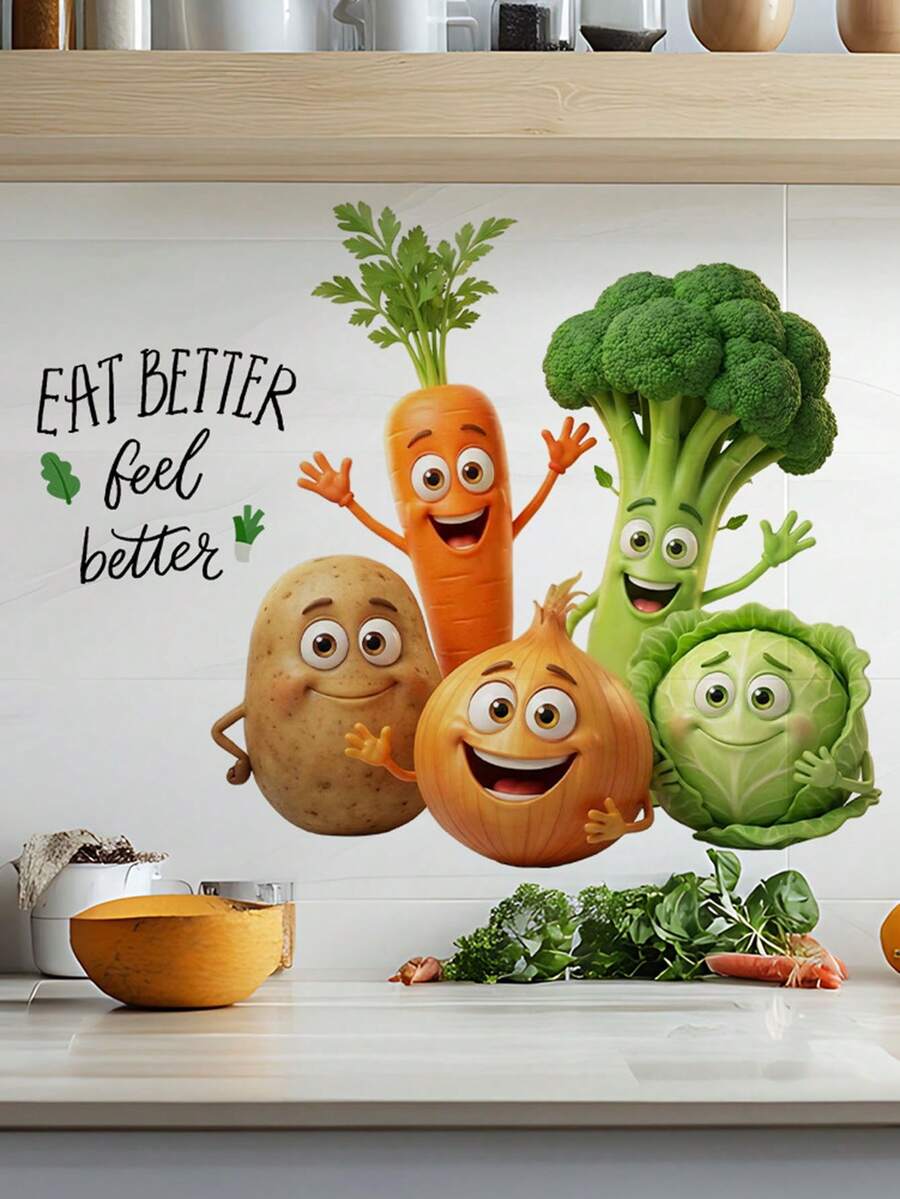 Interesting Cartoon Vegetable Wall Stickers - "Eat Better, Feel Better" Removable Reusable Self-Adhesive Decals Suitable For Kitchen, Dining Room And Healthy Eating Themed Spaces - Multicolor - View 1
