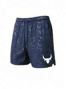 Men's Drawstring Waist Bull Head Pattern Pocket Casual Versatile Daily Wear Shorts - Navy Blue - View 3