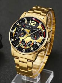 Fashionable Gold Quartz Watch With Calendar Function, Steel Strap, Suitable For Daily Wear, Music Festivals, Parties, A Great Birthday Gift Set With Bracelet, Necklace And Ring - Gold - View 6