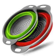 Set Of Round Silicone Kitchen Colanders - 1 Large, 1 Small, Foldable Funnel, Suitable For Draining Pasta, Vegetables And Fruits (Green, Red, Blue) - Style a - View 9