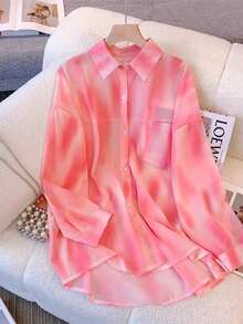 Women's Ombre Color Casual/Office Long Sleeve Shirt, Spring Red - Red - View 4