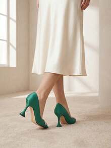 Women's Sparkling Rhinestone Satin Pumps - 3.5 Inch Pointed Toe High Heels - Green - màu xanh lá - Xem 6