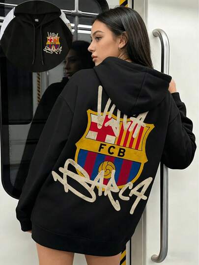 Desarrolla sudaderas con capucha estampadas con letras para mujeres, versiones con estampados de grafiti del Club de Fútbol de Barcelona, sudaderas con capucha y bolsillos de canguro de manga larga, tops casuales de otoño e invierno con cordón ajustable, ropa deportiva de moda para mujeres, lavable a máquina y resistente al desgaste, tallas S-XXL, regalos para ella y regalos navideños.