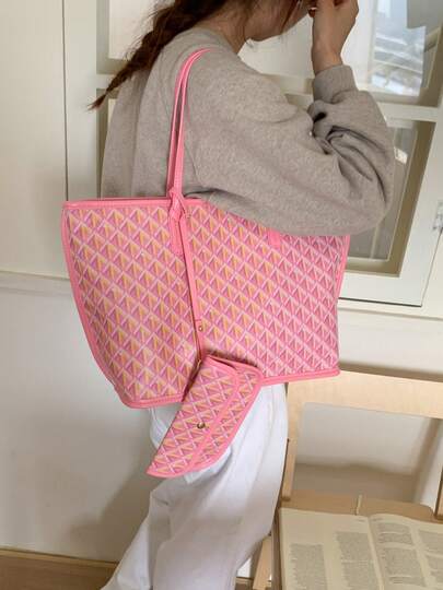 SHIMEINI 2个/套新款时尚印花单肩手提包，适合女性日常使用、工作通勤、度假旅行、节日、聚会、购物、送礼。