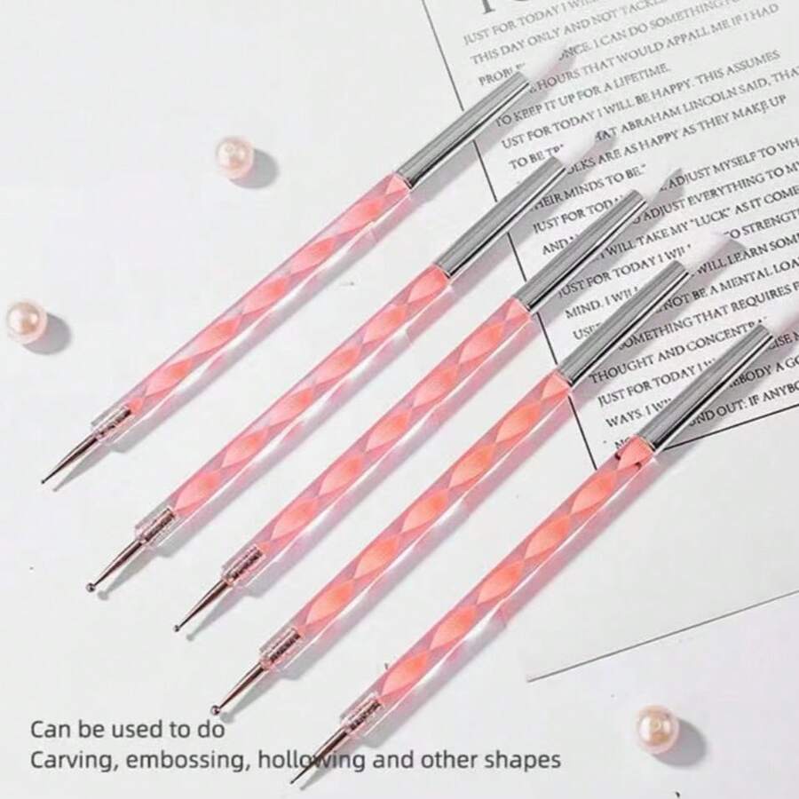 5Pcs Nail Art Pen Set Spiral Handle Silicone Pen Rhinestone Picker Pen Dual-End Pen Liner & Dotting Pen - Watermelon Pink - View 1