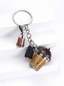 1pc Plastic Cat Head Pearl Milk Tea Cup Keychain - Multicolor - View 6