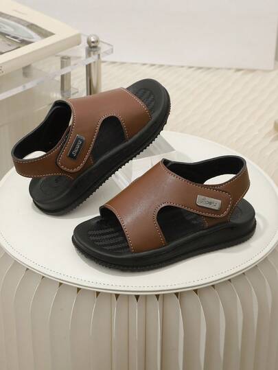 1 Pair Flat Sandals, Solid Color Soft Leather Stitched Material, Minimalist Round Toe Open Toe Hook And Loop, Elastic Soft Non-Slip Sole, Fashion Luxury British Style Beach/Roman Sandals Suitable For Boys/Girls Students Casual Daily Wear, Spring/Summer New Arrival