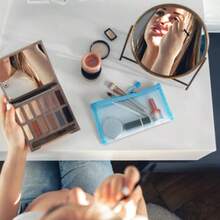 3 bolsas de maquillaje de malla pequeñas bolsas de maquillaje de malla con cierre bolsa de cosméticos portátil para mujer bolso de lápiz labial llaves artículos esenciales tarjetas - Naranja rosa y azul - Ver 6