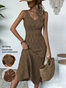 Abito casual da donna con scollo a V, tinta unita, orlo con spacco, tutto bianco per l'estate, crema gialla per il ritorno a scuola in autunno, abito lungo elegante per feste in autunno/inverno (motivo casuale), vacanza al mare - Cachi - Visualizzare 3