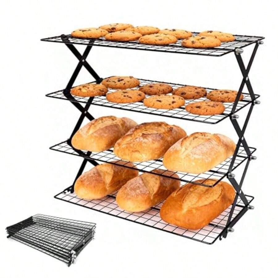 Estante de enfriamiento plegable de 4 niveles para hornear utensilios de hornear galletas estante ajustable y apilable de acero inoxidable para hornear galletas pan regalos para hornear - como en la foto - Ver 1