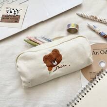 1pc Cute Cartoon Bear Embroidered Pencil Case, Korean Style, Student Stationery Pouch, Large Capacity Pen Bag, Cosmetic Bag, Makeup Brush Holder, Student Stationery Supplies - Bear Embroidery - View 2