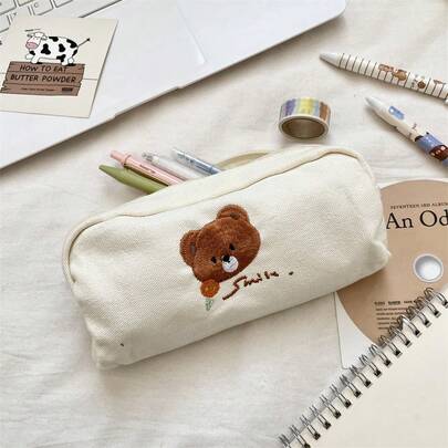 1个可爱卡通熊刺绣铅笔盒，韩版，学生文具袋，大容量笔袋，化妆包，化妆刷收纳袋，学生文具用品