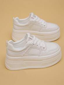 Sepatu Sneakers Wanita Sol Tebal dengan Pola Geometris, Gaya Olahraga Kasual Bertali, Cocok untuk Semua Musim, Sepatu Olahraga Wanita - Putih - View 12