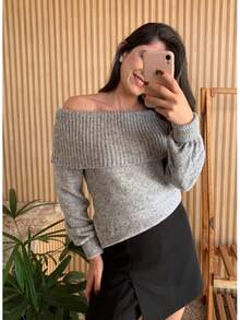 Knit Blouse With Off-The-Shoulder Yoke And Long Sleeves - Grey - View 2