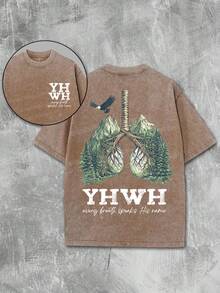 YHWH Nature Vintage Washed Tee 100% Cotton | Forest Lungs Graphic With Birds, Distressed Fabric - Faith-Based Apparel & Thoughtful Gift Idea | Unisex - Coffee Brown - View 1