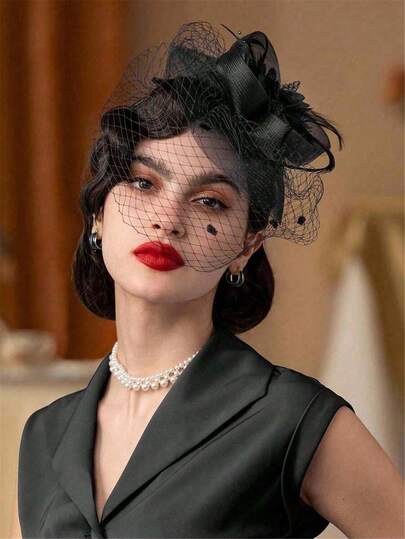 1pc 20/50s Style Mini Hat, Small Round Hat, Tea Party Headpiece With Veil, Suitable For Girls And Women