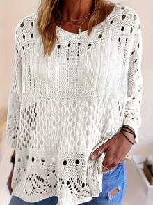 白色镂空针织罩衫，圆领蝙蝠袖宽松款式，适合夏季海滩派对、毕业典礼和优雅的度假场合。 - 白色 - 查看 6