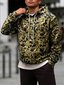 男士户外连帽卫衣，时尚百搭豹纹迷彩连帽衫，休闲上衣 - 軍綠色 - 查看 3