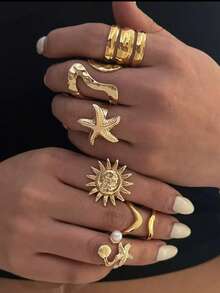 6件套欧美热销珍珠、海星、向日葵戒指套装，时尚百搭女士首饰 - 太陽花朵戒指套裝 - 查看 3