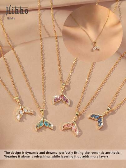 Hihho 1pc Iridescent Zirconia Fish Tail Necklace Set, Gold Plated Delicate Choker Necklace, Mermaid Tail Symbolizing Freedom, Bravery And Romance, Gradient Zirconia Represents Colorful Experiences, Ideal Gift For Girlfriend, Best Friend On Valentine's Day Or Graduation