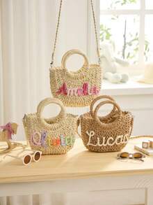 Customized Straw Beach Bag, Bridesmaid Beach Bag, Customized Gift Tote, Customized Straw Handbag, Wedding Party Gift, Flower Girl Basket - Multicolor - View 2