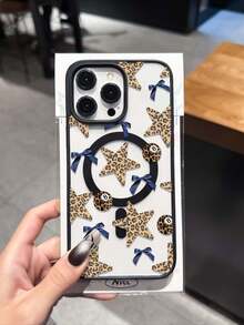 豹纹、星星、蓝色蝴蝶结印花黑色磁吸指环手机壳，兼容三星S24/S25/S23 S系列和A55/A15/A15 A系列、17、16 Pro Max、14/13、12、11 Pro Max、XS Max、X、XR、8、7、Plus、Mini，适合作为生日礼物，送给女朋友、男朋友或自用。 - 彩色 - 查看 5