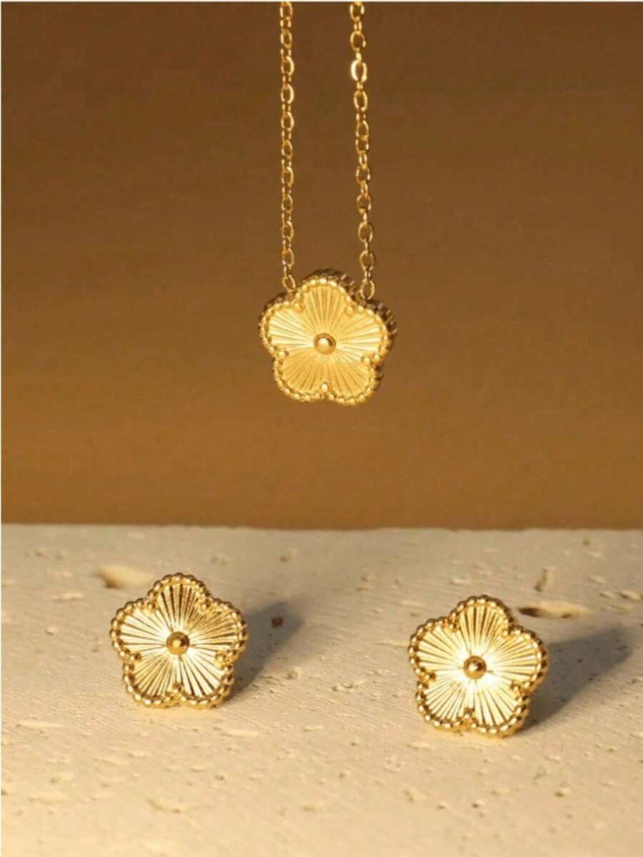 Conjunto de collar y aretes de flor de acero inoxidable de 3 piezas - Moda única, retro, dulce, fresca y versátil, adecuado para hombres, mujeres, parejas, calle, fiesta, uso diario - multicolor - Ver 1