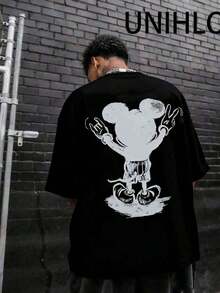 Disney   Street Life Men's Casual Loose  Mickey  Cartoon  Print Short Sleeve T-ShirtSummer - 黑色 - 查看 2