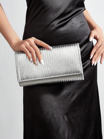 Shiny Pleated Striped Evening Clutch, Elegant Solid-Colored Bridal Wedding Bag, Fashionable Women's Shoulder Bag With Chain, Suitable For Dinners, Parties, Weddings, And Proms, Can Be Paired With Evening Dresses, Party Dresses, And Wedding Gowns.