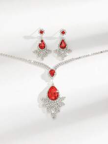 优雅荷叶边水滴吊坠Y型项链和耳环套装，新娘首饰，适合婚礼、晚宴和晚礼服 - 紅色 - 查看 5