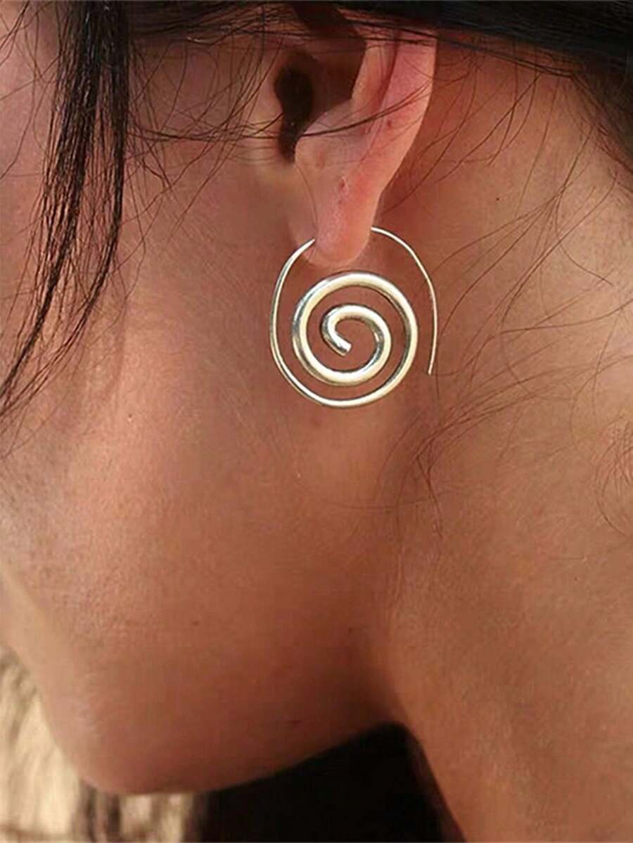 1 par de pendientes elegantes de mujer con flor y degradado de color, color plateado, con diseño circular hueco y espiral de gran tamaño, estilo único y popular - Plateado - Ver 1