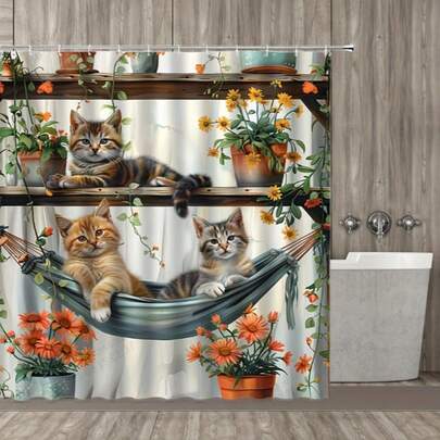 1 chiếc rèm tắm hình võng mèo ngộ nghĩnh và giá để hoa kèm móc, chất liệu polyester, họa tiết hoa lá và cây cảnh, có thể giặt được, kích thước 70,8 inch x 70,8 inch, phụ kiện phòng tắm.