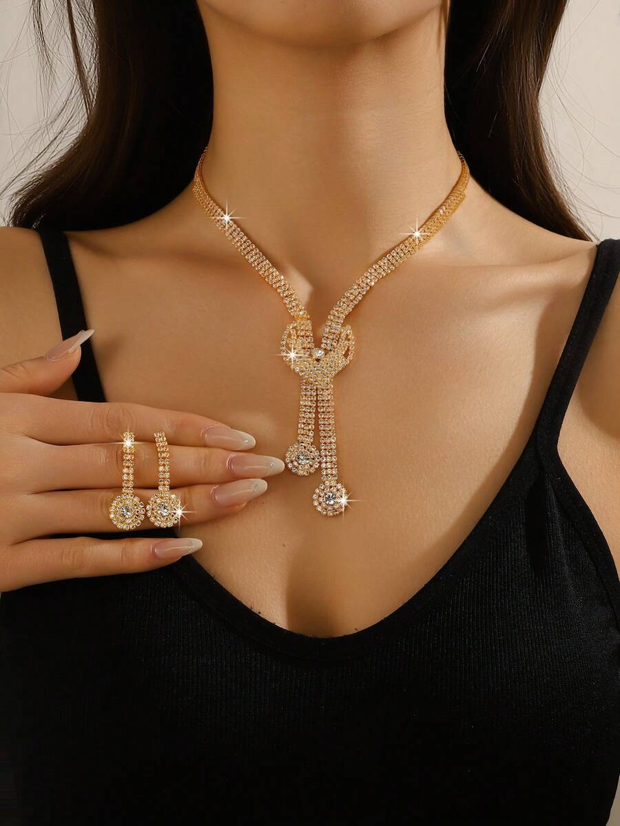 3pcs New European And American Feng Shui Diamond Love Jewelry Three Pieces Set Bridal Jewelry Set Tassel Heart Pendant Earrings For Women Jewelry Women Earrings - Multicolor - View 1