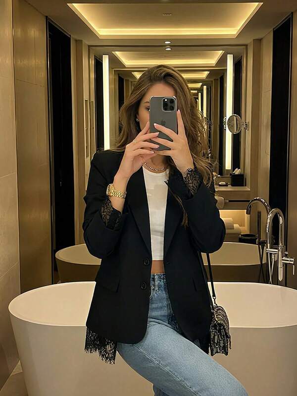 Black Lace Patchwork Blazer Jacket For Women, Luxury Dark Style, Loose Fit, High-Quality Appearance Spring