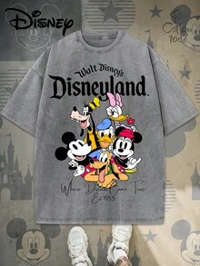 (230 Grams Of Pure Cotton Washed Fabric)This Disney-Licensed Women's Summer Cotton T-Shirt Is A Disney 2026 Travel Souvenir. The Front Features Classic Disney Characters And Disneyland Logos, Perfect For Taking Photos At Disneyland, As A Travel Souvenir, For Everyday Casual Wear, Or For Matching Family Outfits. It Also Makes An Ideal Valentine's Day Gift For Friends And Family. Men's And Women's Clothing, New Spring Style, Comfortable And Skin-Friendly, Suitable For Outdoor Wear.,100 Percent Cotton.Retro Washed T-Shirt , Men's T-Shirt, Men's Casual, Comfortable, Fashionable T-Shirt, Street Style Cotton - 灰色 - 查看 1