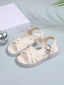 Girls' White Roman Sandals, Criss-Cross Strap Glitter Trim Princess Shoes - White - View 3