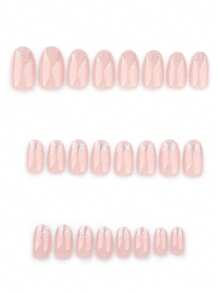 24 pièces Ensemble de stickers pour ongles courts ovales neutres, en matériau acrylique, dégradé nude et paillettes dorées, couvrance complète amovible, durable. L'ensemble comprend 1 feuille d'autocollants et 1 mini lime à ongles, convient pour un port quotidien. Faux ongles à presser - Multicolore - Voir 3
