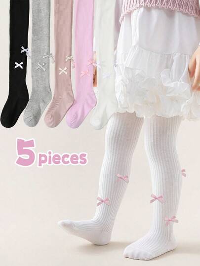 1/5pcs Girls' Solid Color Vertical Striped Tights With Bow Decor, Sweet & Cute, Suitable For Girls' Daily Wear