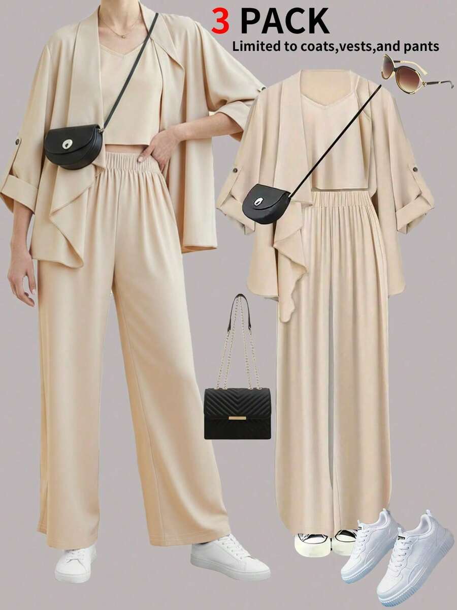 大码女装三件套：纯色V领吊带背心+长裤+时尚不对称外套 - 杏色 - 查看 1