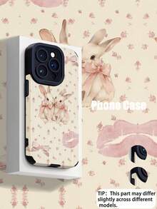 可爱兔子蝴蝶结竖条纹图案优雅仿皮防震防指纹手机壳，适合作为生日/节日礼物送给朋友、家人、情侣，兼容及其他型号 - 彩色 - 查看 1