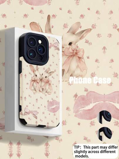 可爱兔子蝴蝶结竖条纹图案优雅仿皮防震防指纹手机壳，适合作为生日/节日礼物送给朋友、家人、情侣，兼容及其他型号