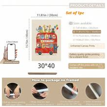 1幅帆布墙画，儿童房装饰，伦敦巴士主题，动物乘坐红色巴士，中性儿童房装饰，卡通动物墙画，艺术印刷品，温馨婴儿房礼物，男孩房装饰，女孩房装饰，现代波西米亚风海报，现代婴儿房海报，房间装饰，卧室装饰，浴室装饰，游戏室装饰，幼儿园海报，婴儿礼物，新生儿礼物 - 彩色 - 查看 12