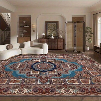 1 件复古波斯风格地毯，中心花卉图案，边缘几何图案，设计复杂。天鹅绒面料，重约 850 克，厚约 0.6 厘米。地毯耐磨、防滑、易于清洁。多种尺寸可选。适用于厨房/客厅/餐厅/卧室/阳台/浴室/书房。是家居装饰的理想之选。
