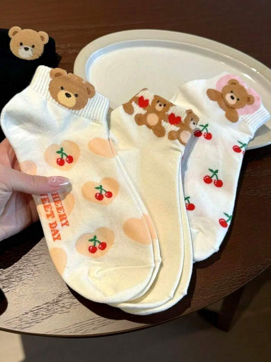 3 Pairs Women's Socks, Cute Sweet Bear & Cherry, Minimalist Letter Design, Moisture-Wicking Soft Everyday Wear Socks - Multicolor - View 1