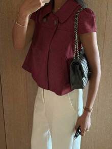 女士格子短袖衬衫，适合秋冬季夏季穿着 - 紅色 - 查看 3