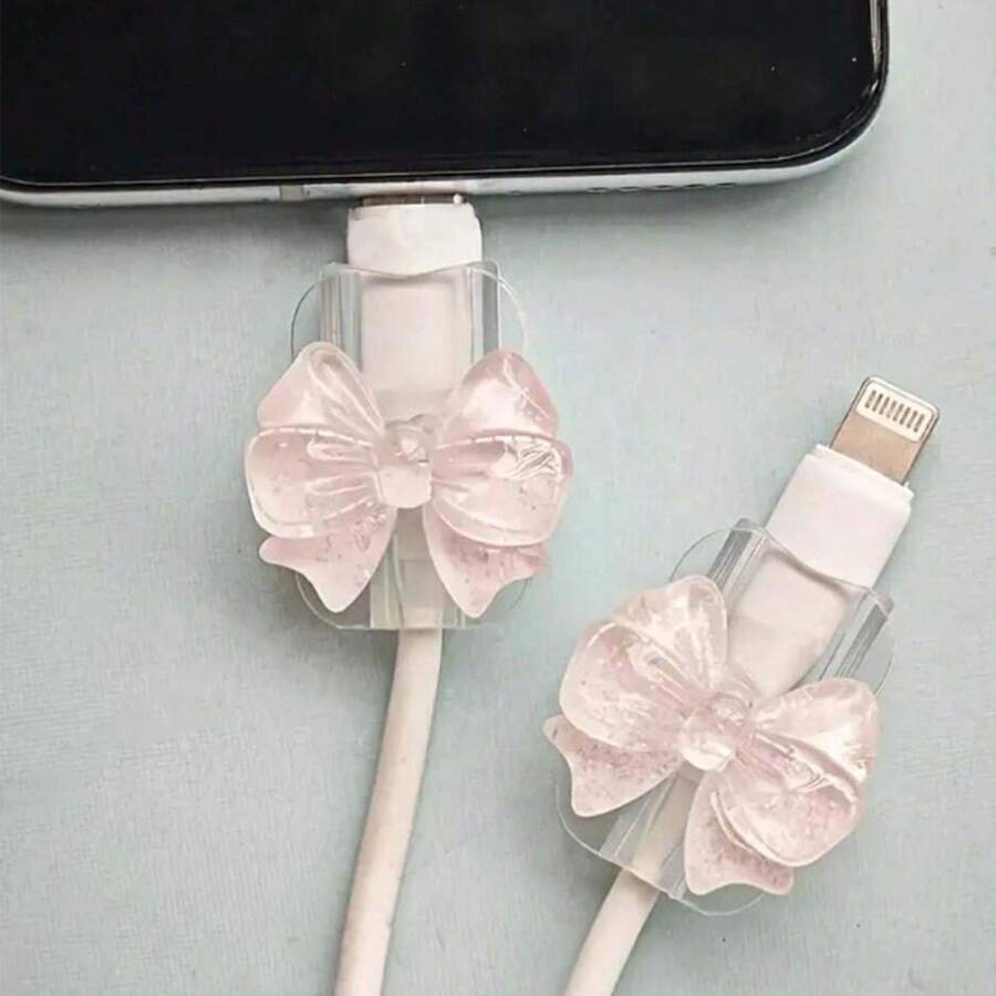 粉色透明蝴蝶结充电线保护套，兼容苹果18-20W充电器 - 無色 - 查看 1